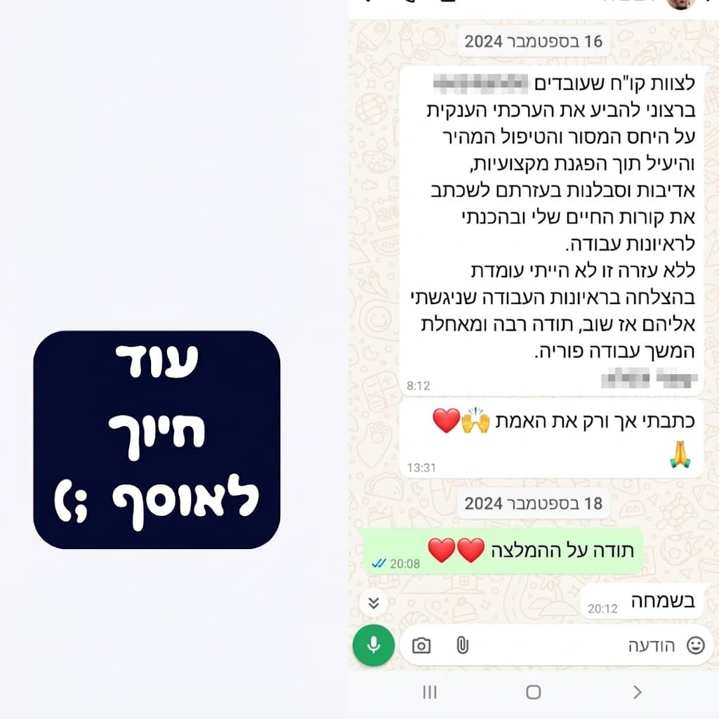 ברצוני להביע את הערכתי הענקית על היחס המסור והטיפול המהיר והיעיל, תוך הפגנת מקצועיות, אדיבות וסבלנות, בעזרתם לשכתב את קורות החיים שלי ובהכנתי לראיונות עבודה. ללא עזרה זו לא הייתי עומדת בהצלחה בראיונות העבודה שניגשתי אליהם.